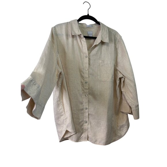 Chicos Gold Metallic No-Iron Button Blouse Linen Blend Professional Wear Size 18 - Picture 1 of 11